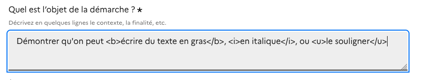 Démonstration de texte qui contient des balises HTML de mises en forme