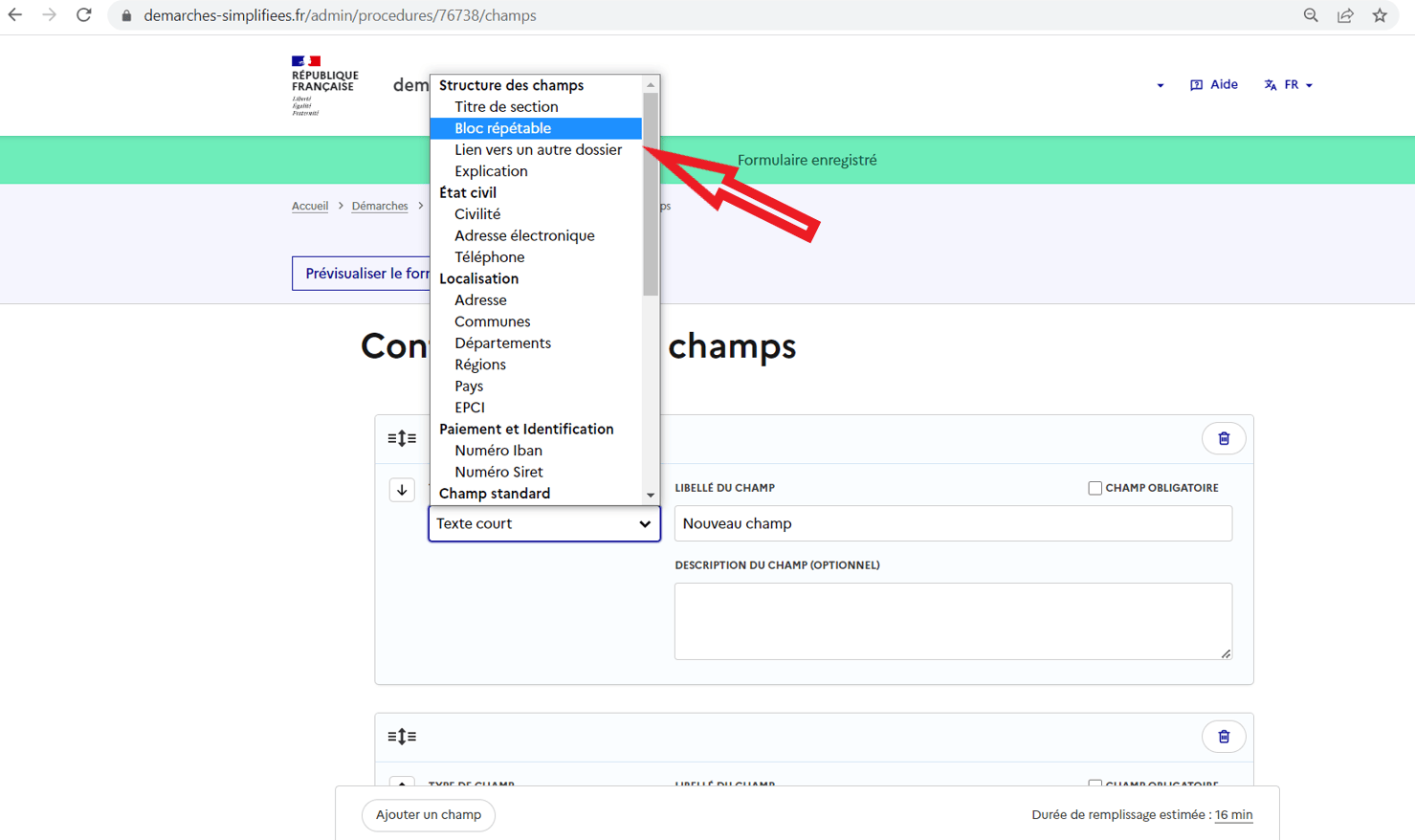 Exemple de choix du champ Bloc répétable