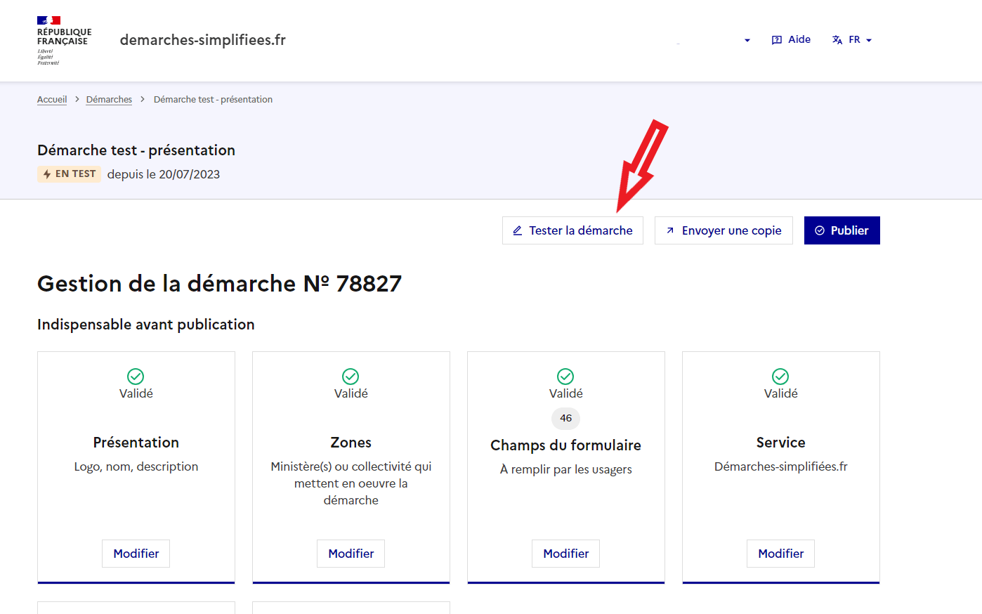 Bouton Tester la démarche depuis la tableau de bord de la démarche