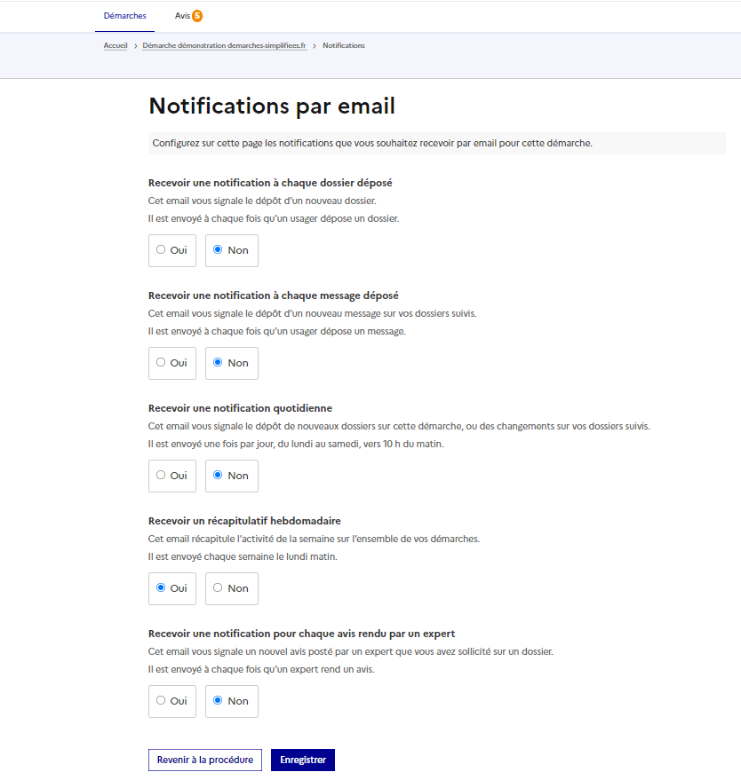 Capture d’écran de la page de gestion des notifications