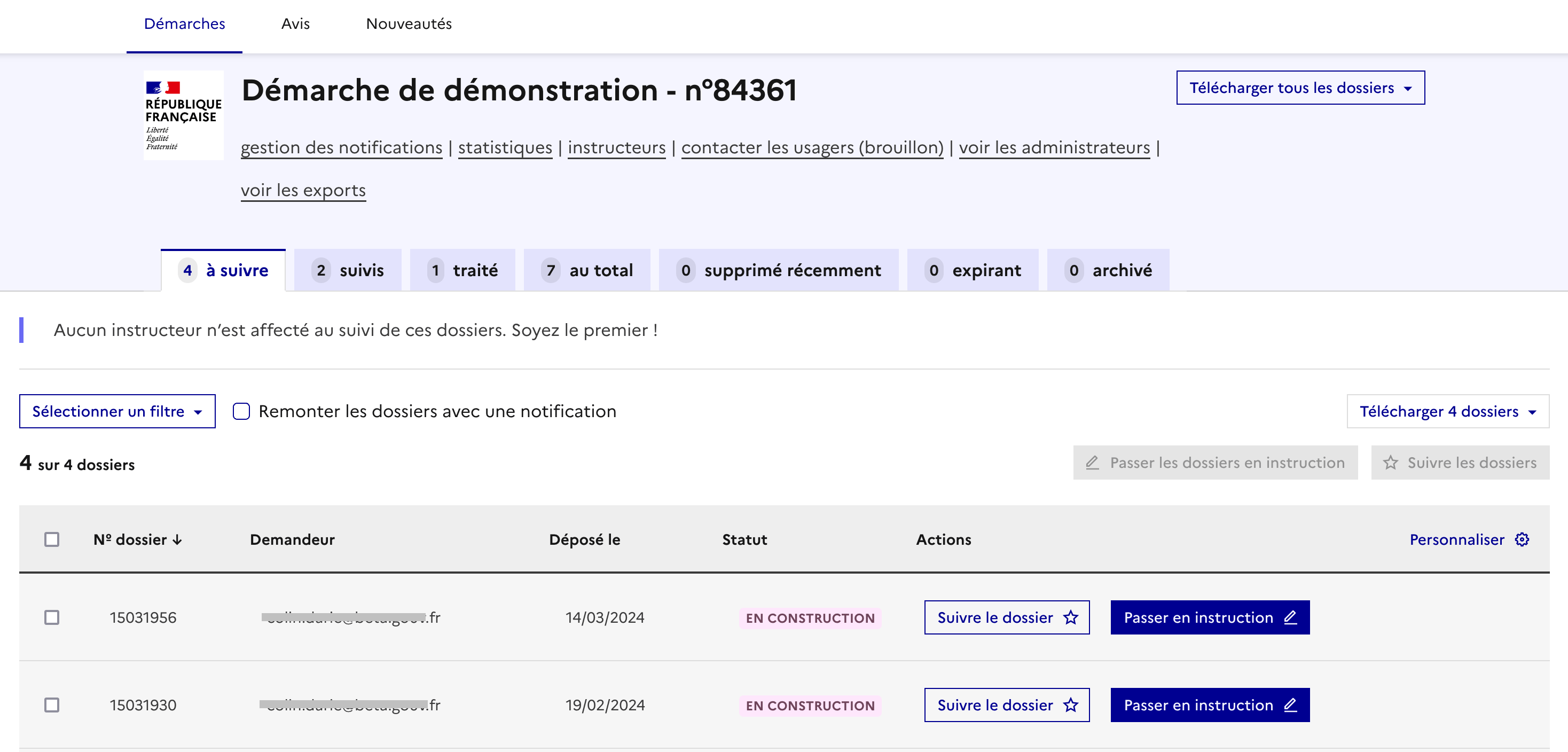 Différents onglets répartissant les dossiers d’une démarche.