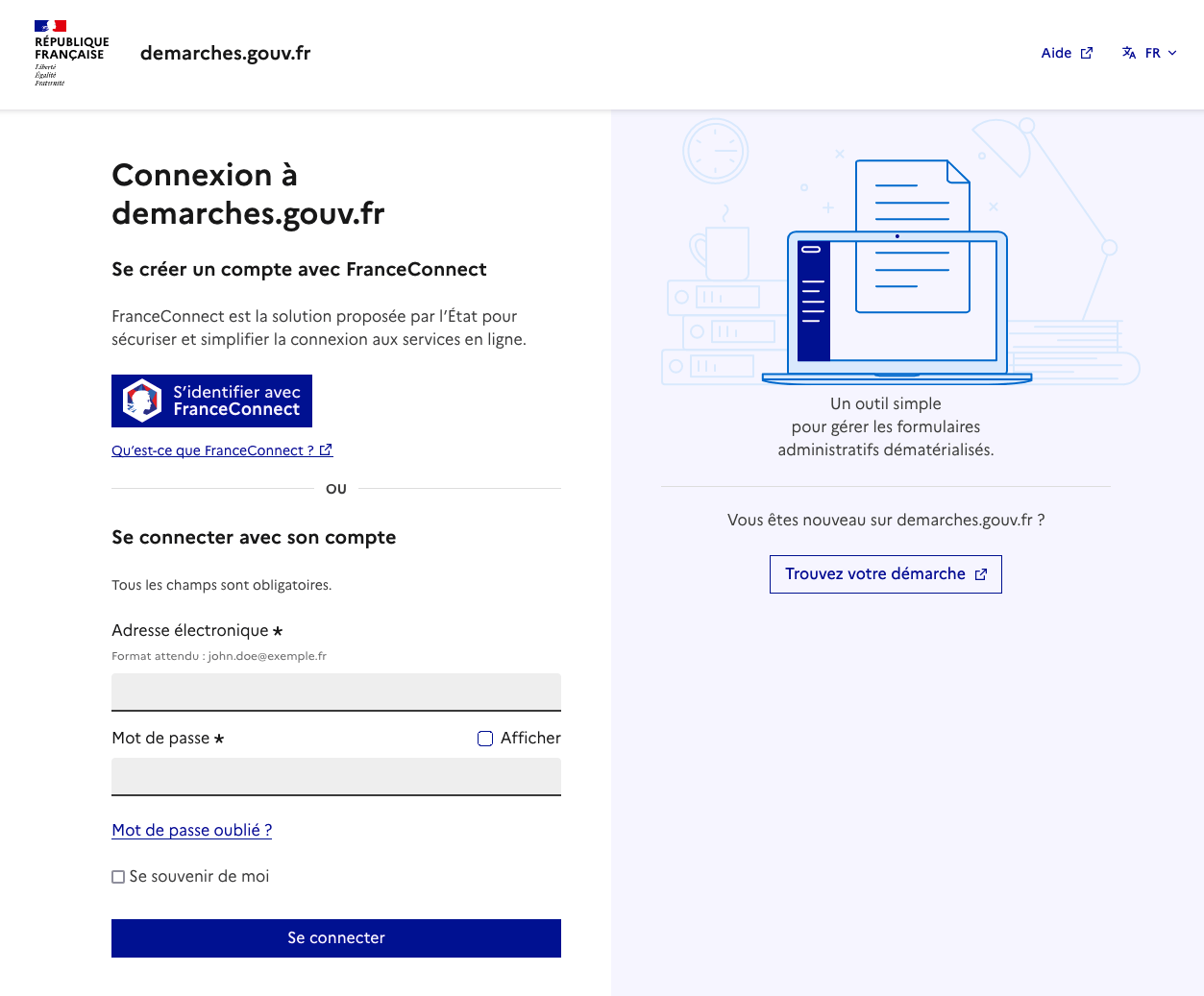 La page de connexion de Mes-Démarches