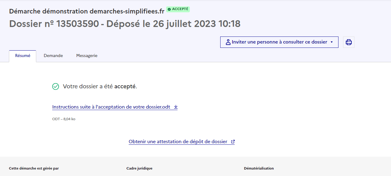 L’interface de l’usager pour accéder à l’attestation de dépôt d’un dossier