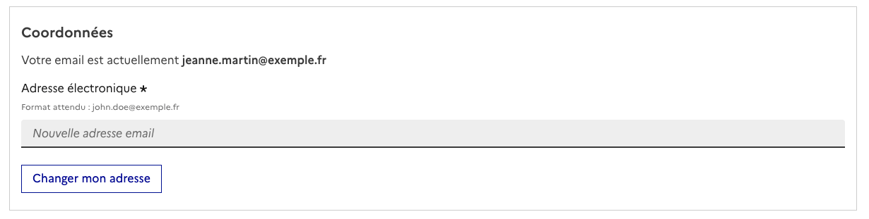 Section Coordonées avec formulaire de modification d’email