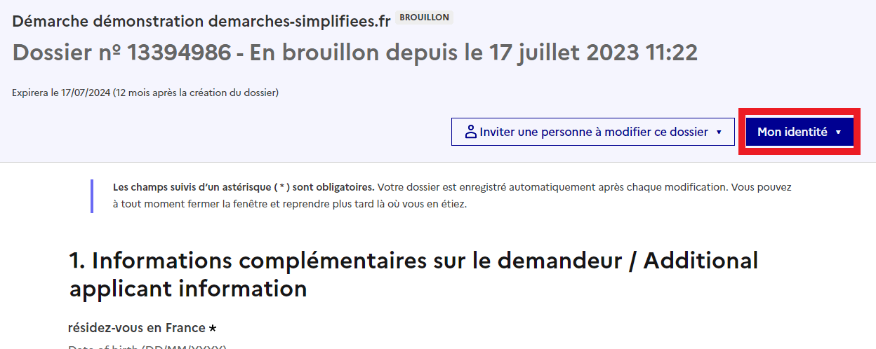 Image montrant où cliquer pour modifier l’identité d’un dossier en brouillon