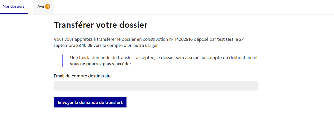 Image illustration l’interface de transfert de dossier vers un autre compte